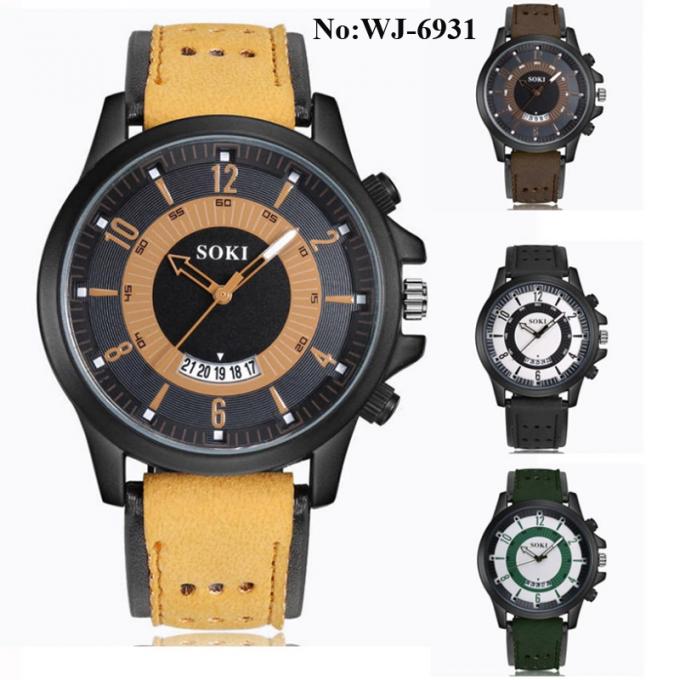 WJ-7971 Męski czarny kwarcowy zegarek na rękę ze skóry